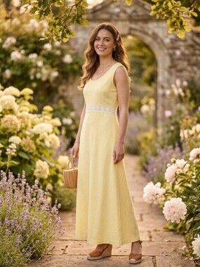Vtg 70s Changes Yellow Maxi Dress ILGWU Lace Rhinestone Waist Cottagecore M